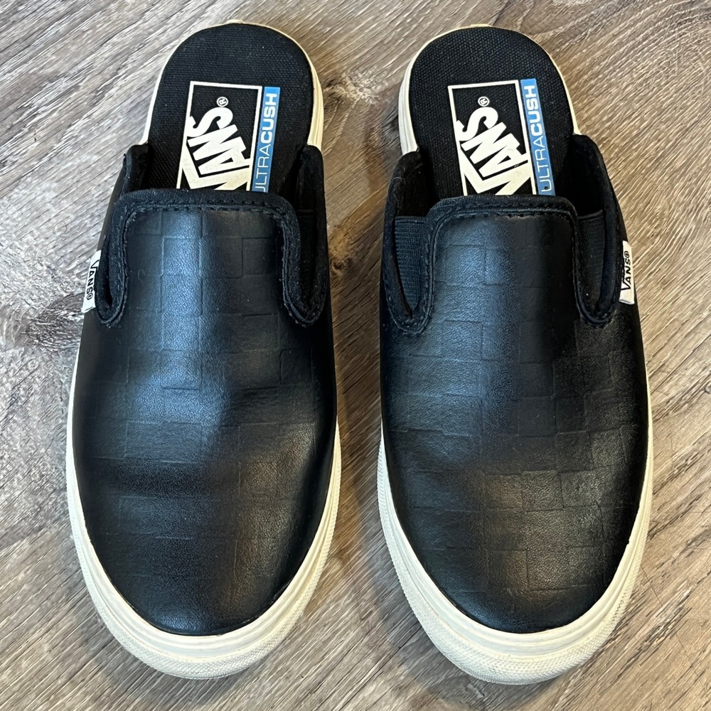 Vans Classic Slip-On Mule Black Leather Embossed Checkerboard Womens 5 721278